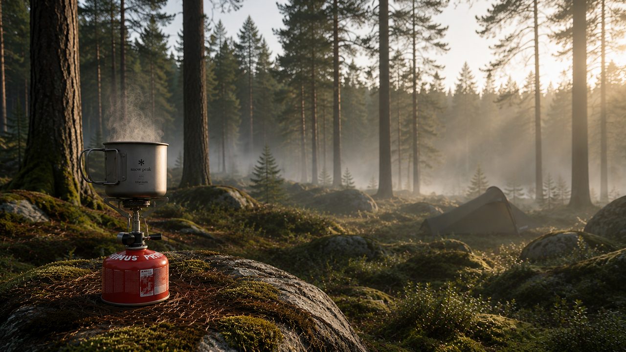 Campingkocher auf einer roten Gaskartusche in einem nordischen Wald.